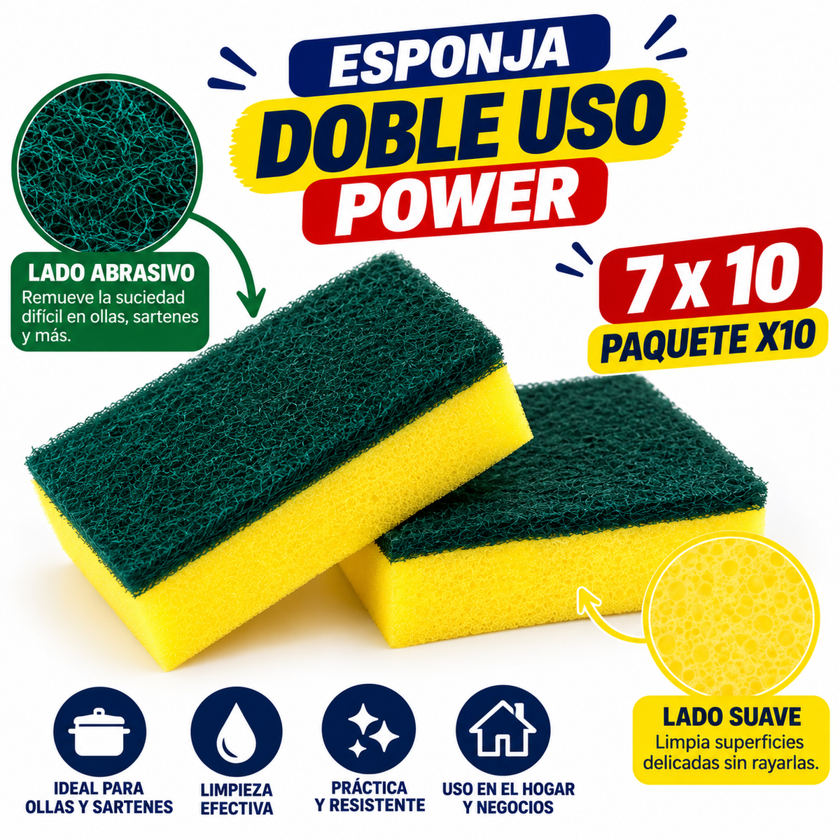 ESPONJA DOBLE USO 7x10 POWER PAQUETE X10